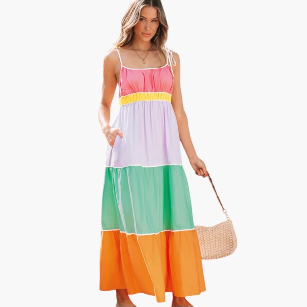 Colorblock Tiered Maxi Dress - Pink, Lavender, Green & Orange